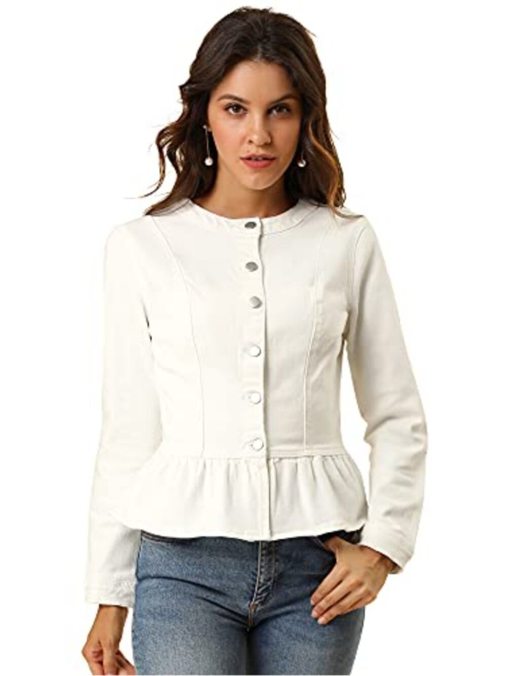 Women's Peplum Denim Jacket Ruffle Hem Crop Cotton Blend